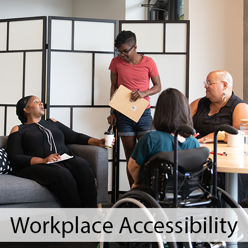 Four disabled women of color having a meeting, with the text Workplace Accessibility